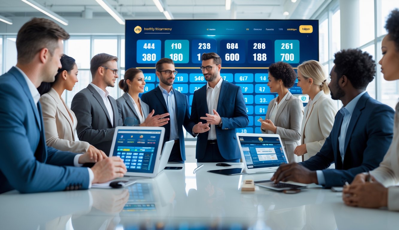 Sekelompok profesional bekerja bersama di kantor modern dengan layar digital yang menampilkan grafik dan angka terkait lotere.