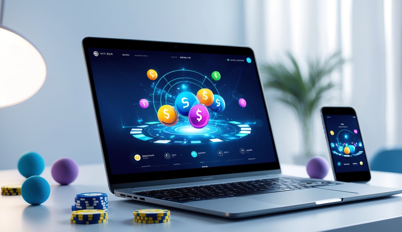 Meja kerja modern dengan laptop dan bola lotere yang menunjukkan konsep situs togel online resmi.