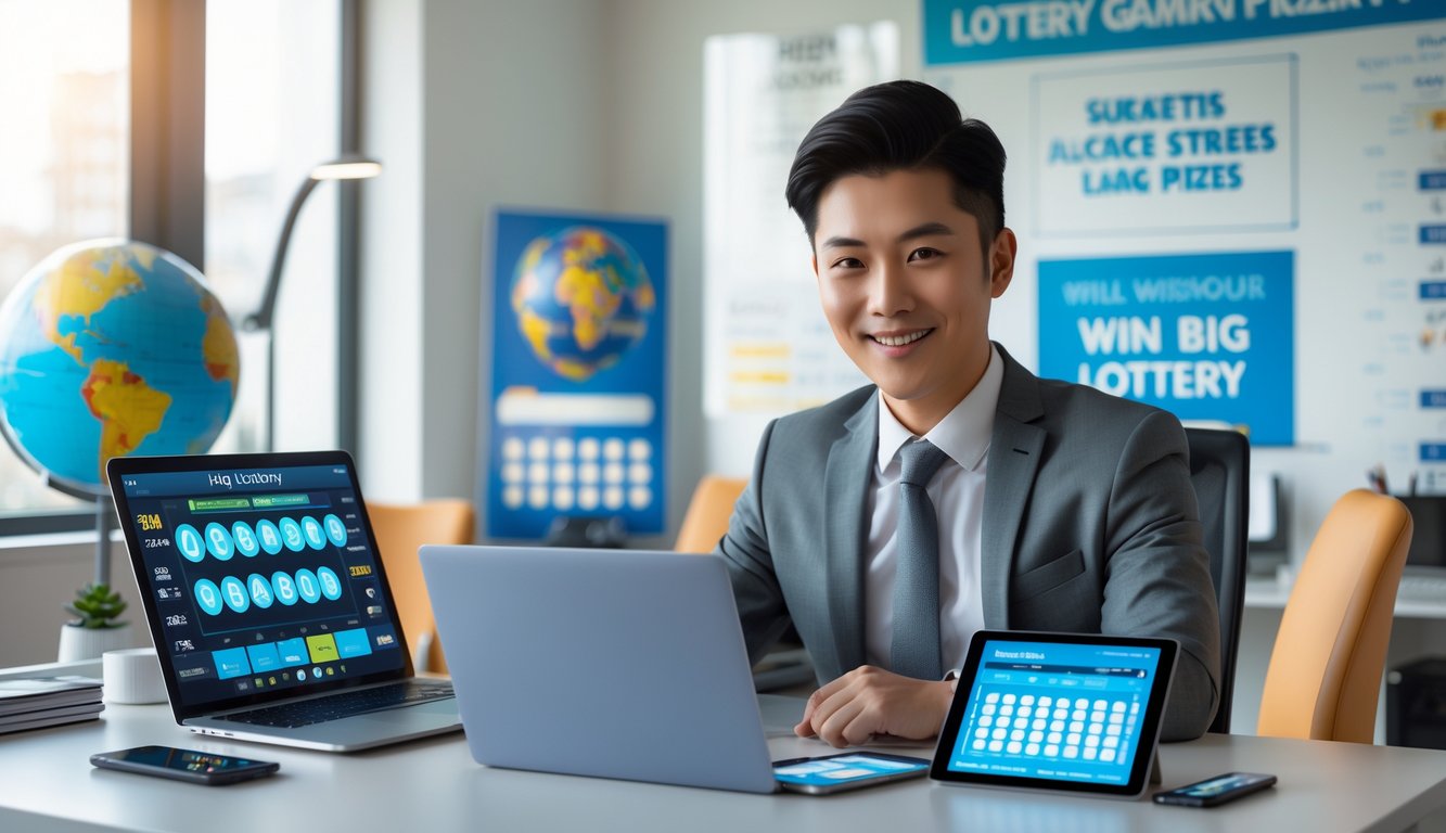 Seorang profesional duduk di meja dengan perangkat digital di kantor modern yang terang, menunjukkan suasana kerja agen togel dengan hadiah besar.