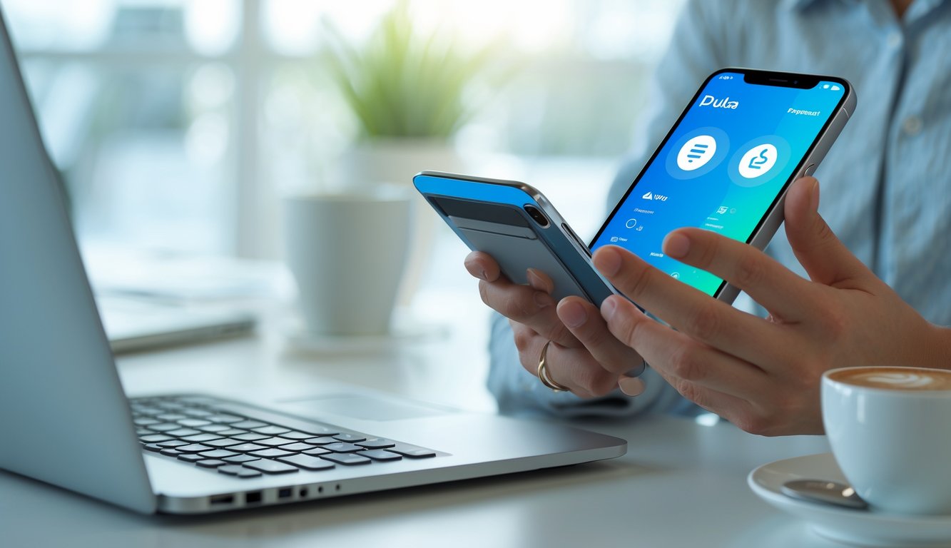 Tangan seseorang memegang ponsel dengan aplikasi dompet digital di layar, di meja kerja dengan laptop dan cangkir kopi.