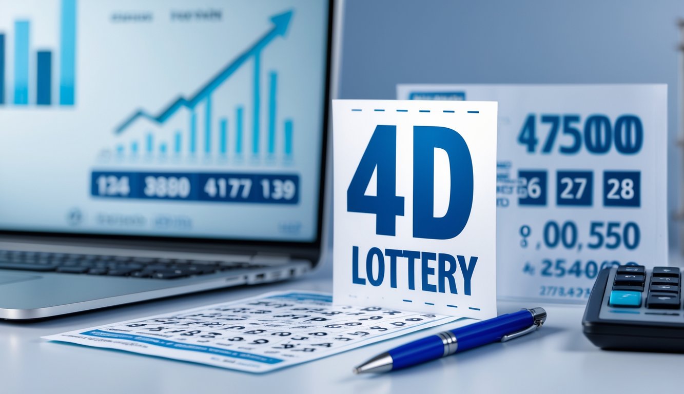 Meja dengan tiket lotere, pena, dan kalkulator di depan layar digital yang menampilkan angka dan grafik hasil lotere.
