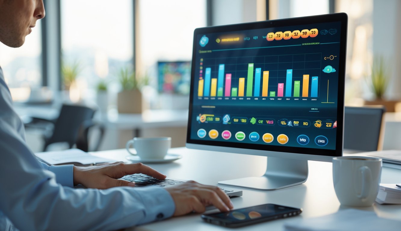 Seseorang sedang menggunakan laptop di meja kerja dengan tampilan grafik dan angka terkait lotere di layar.