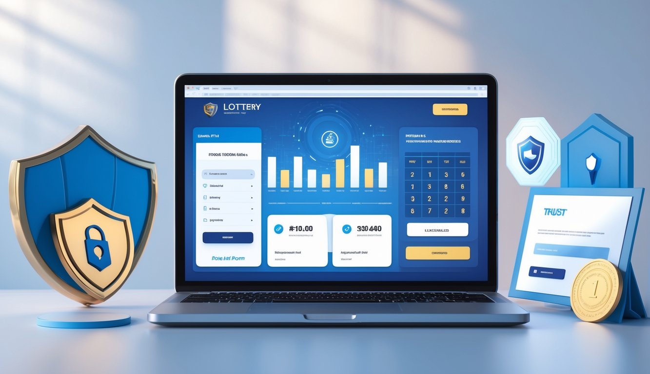 Seorang pekerja menggunakan laptop di meja kerja dengan simbol keamanan dan elemen terkait taruhan online di sekitarnya.