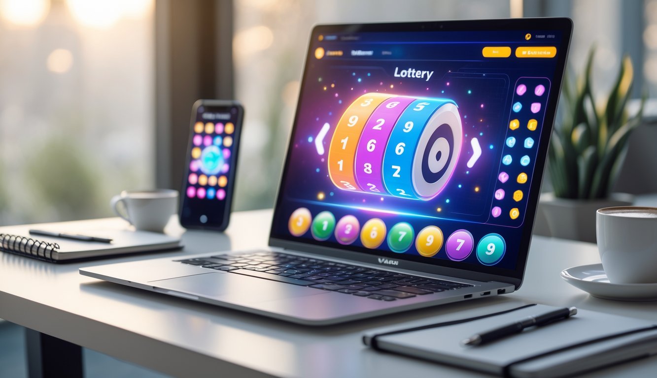 Seseorang menggunakan laptop dengan tampilan permainan togel online di meja kerja yang rapi.