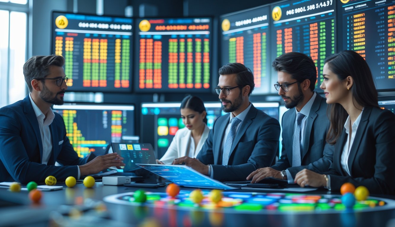 Sekelompok profesional bekerja bersama di kantor modern dengan layar digital menampilkan data dan grafik pasar togel.