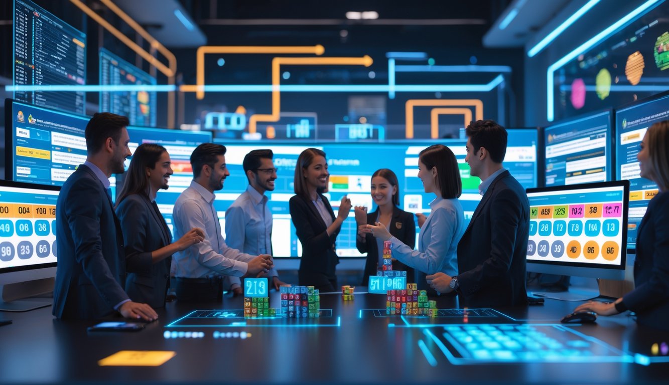 Orang-orang sedang bekerja dengan komputer yang menampilkan angka dan grafik togel di ruang kerja modern.