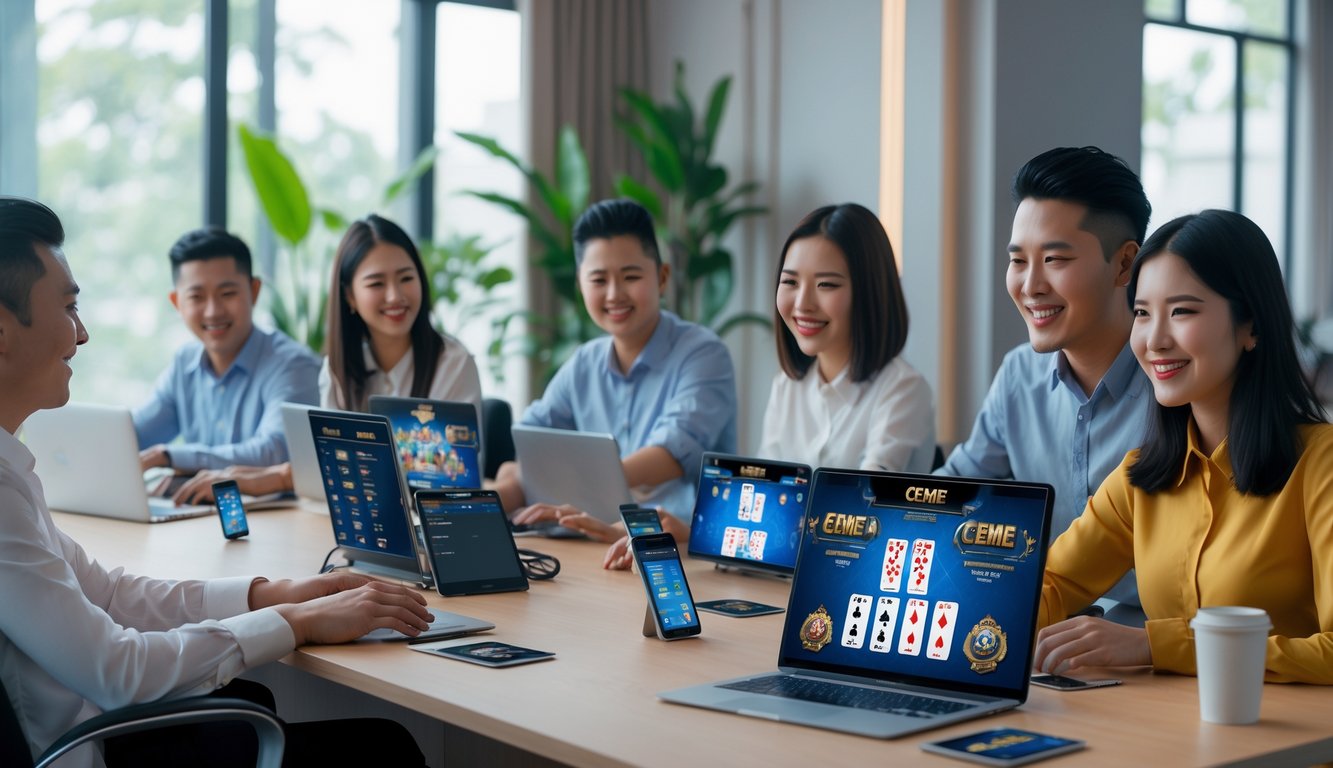 Beberapa orang bermain permainan kartu secara online menggunakan perangkat digital di ruangan yang nyaman dan terang.