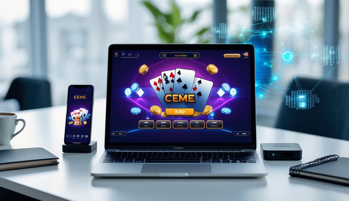 Seorang pengguna sedang bermain permainan kartu Ceme secara online di depan laptop di meja kerja yang rapi dengan ponsel dan router nirkabel di sekitarnya.