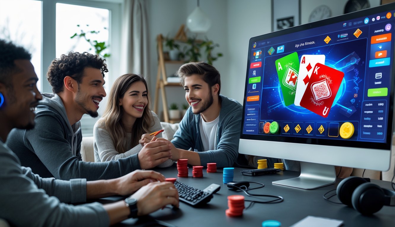 Sekelompok orang muda bermain permainan kartu online di ruang tamu dengan komputer dan suasana yang ceria.