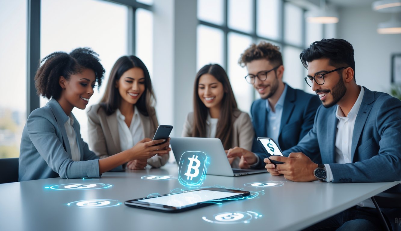 Sekelompok orang muda menggunakan ponsel dan laptop di ruang kantor modern untuk transaksi uang secara online.