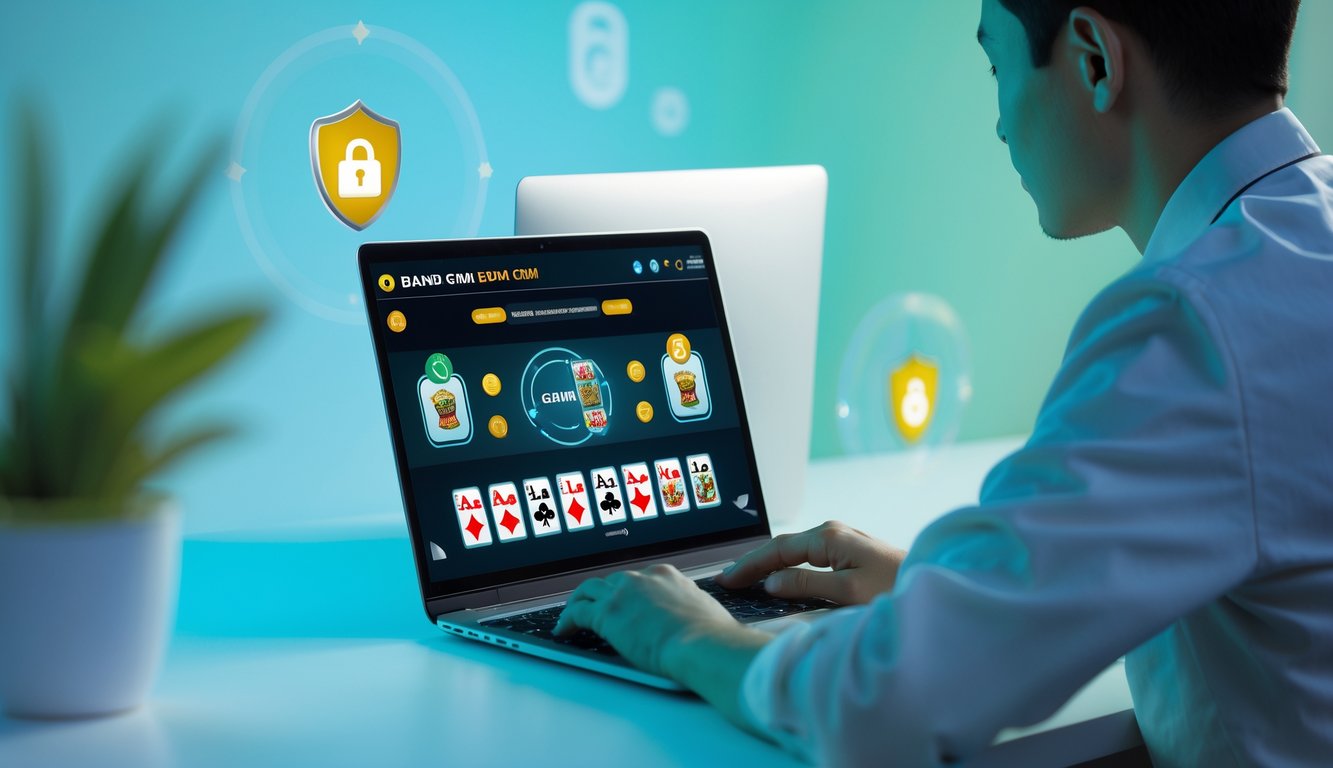 Seseorang menggunakan laptop dengan tampilan permainan kartu Bandar Ceme online di meja kerja yang rapi dan aman.