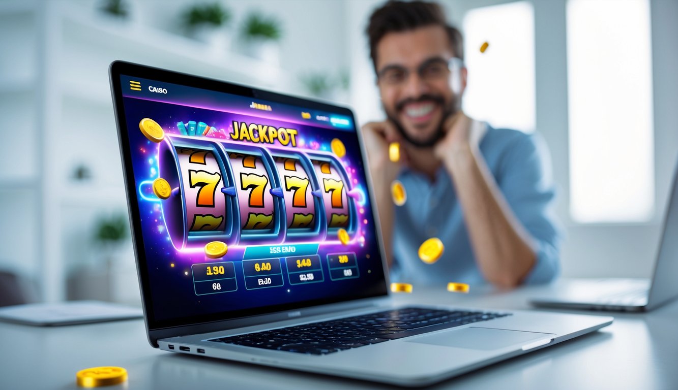 Seseorang bermain permainan jackpot online di depan komputer dengan suasana ceria dan kemenangan besar.