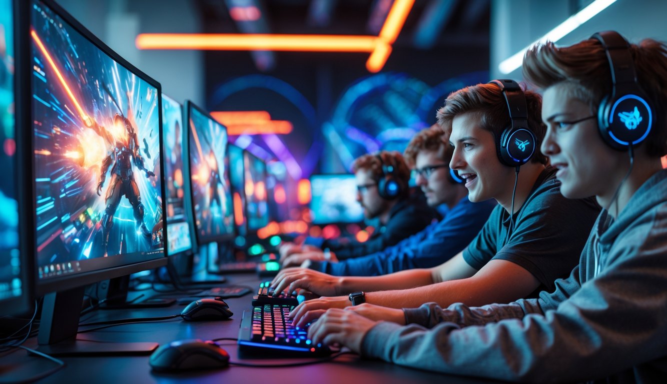 Sekelompok orang muda sedang bermain game online dengan fokus di depan komputer dalam ruangan modern.