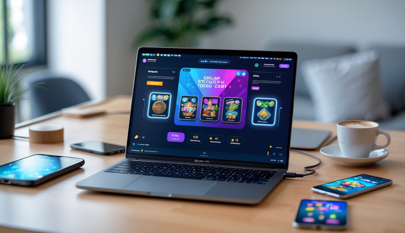 Meja kerja dengan laptop dan smartphone yang menampilkan permainan kartu online, ditemani secangkir kopi.