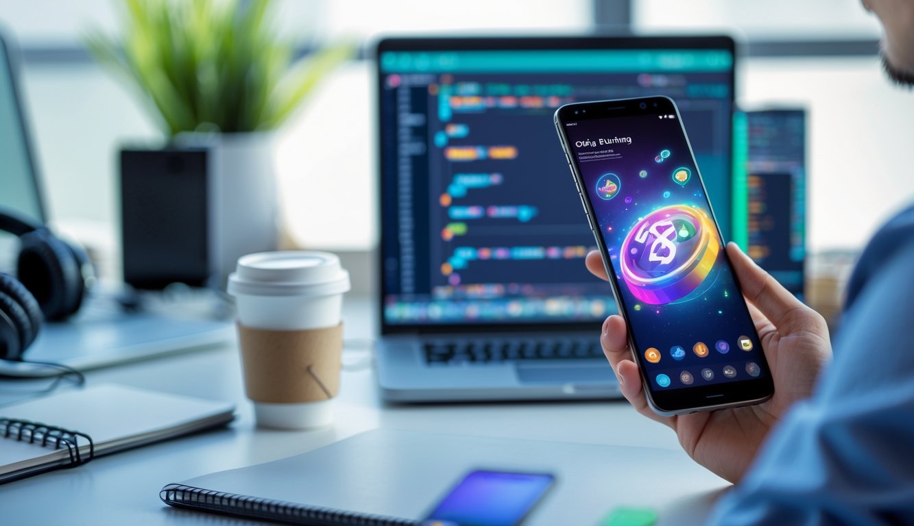 Seseorang memegang ponsel dengan antarmuka aplikasi berwarna cerah di meja kerja dengan laptop dan aksesori teknologi.