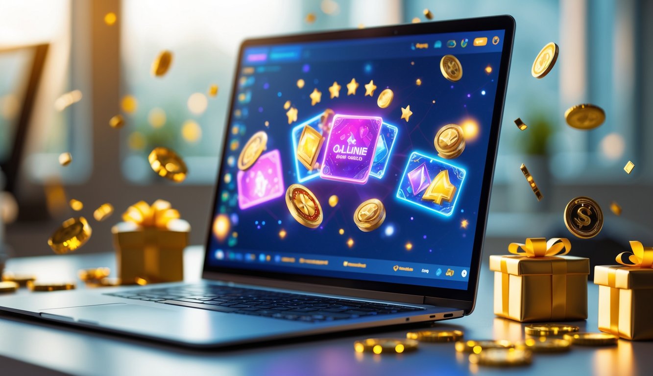 Sebuah komputer modern di atas meja dengan layar menampilkan grafik permainan digital dan elemen hadiah seperti koin dan kotak hadiah di sekitarnya.