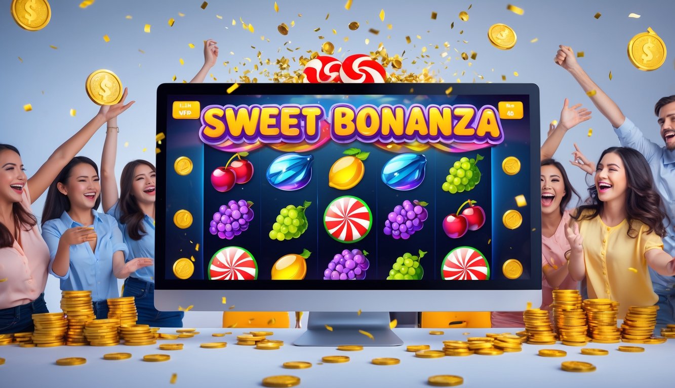 Layar perangkat menampilkan permainan slot Sweet Bonanza dengan simbol buah dan permen, dikelilingi oleh tumpukan koin emas dan orang-orang yang sedang merayakan kemenangan.