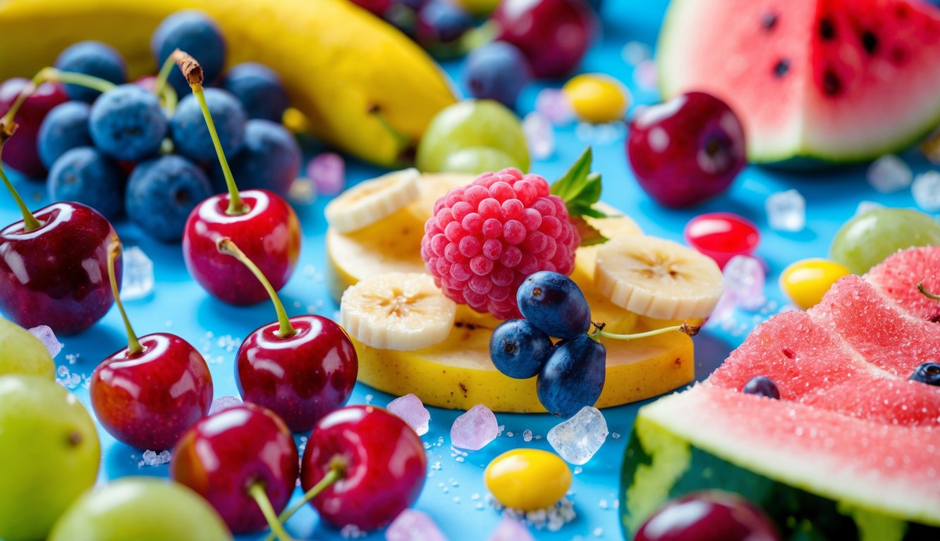 Pemandangan berbagai buah segar berwarna cerah seperti ceri, anggur, pisang, dan irisan semangka dengan kristal gula dan permen di latar belakang berwarna cerah.