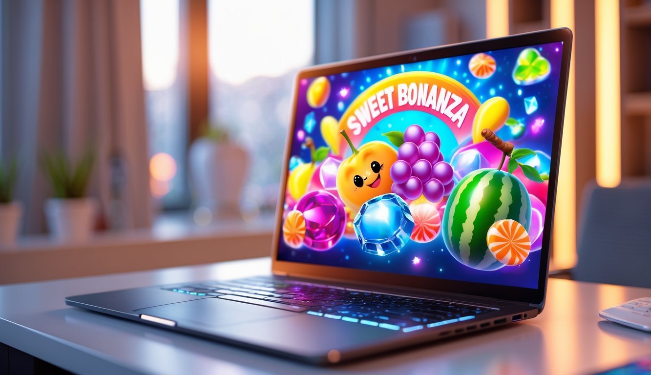 Sebuah komputer dengan layar menampilkan permainan bertema permen dan buah-buahan berwarna cerah di meja kerja yang rapi.