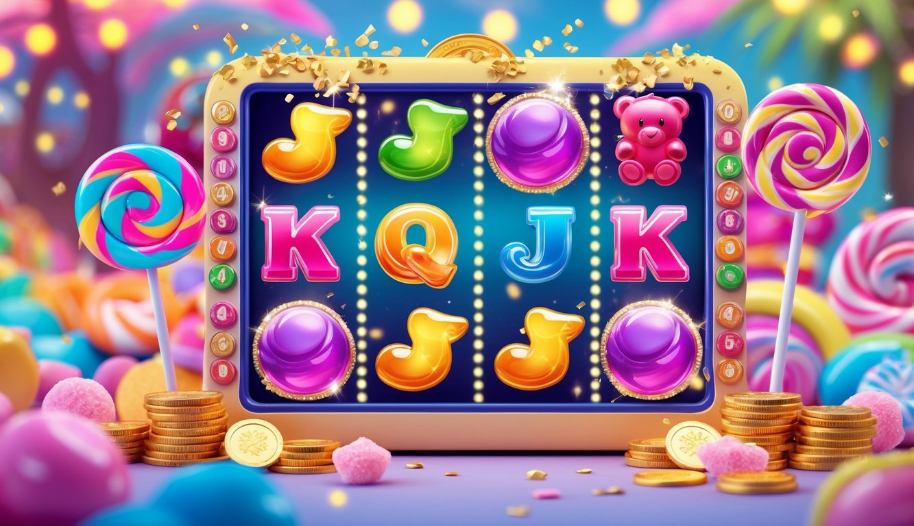 Mesin slot dengan simbol permen warna-warni dan koin emas yang berjatuhan di latar belakang penuh permen.