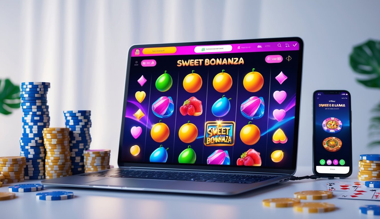 Tampilan komputer dengan permainan slot Sweet Bonanza yang penuh warna, dikelilingi chip poker dan kartu remi.
