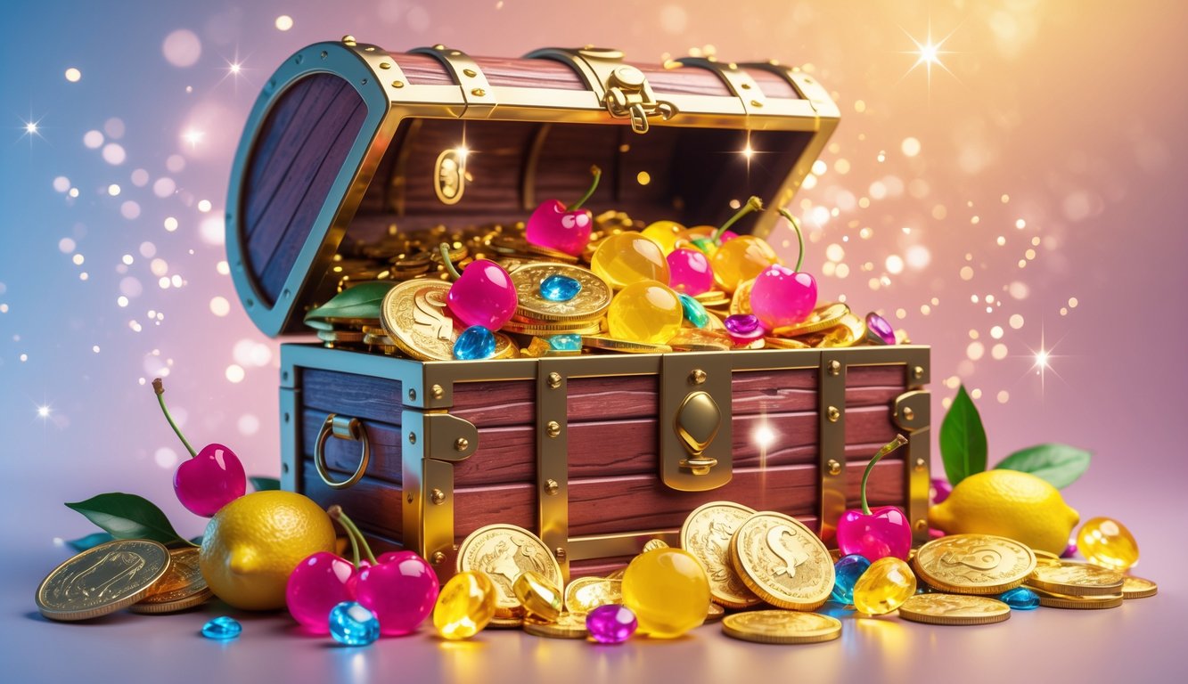 Sebuah peti harta karun yang penuh dengan koin emas, permata berkilau, dan permen buah berwarna-warni di latar belakang berwarna hangat.