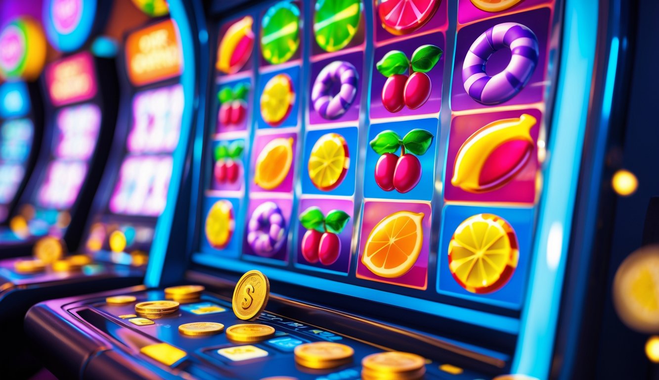 Mesin slot berwarna cerah dengan simbol permen dan buah, dikelilingi koin dan chip kasino.