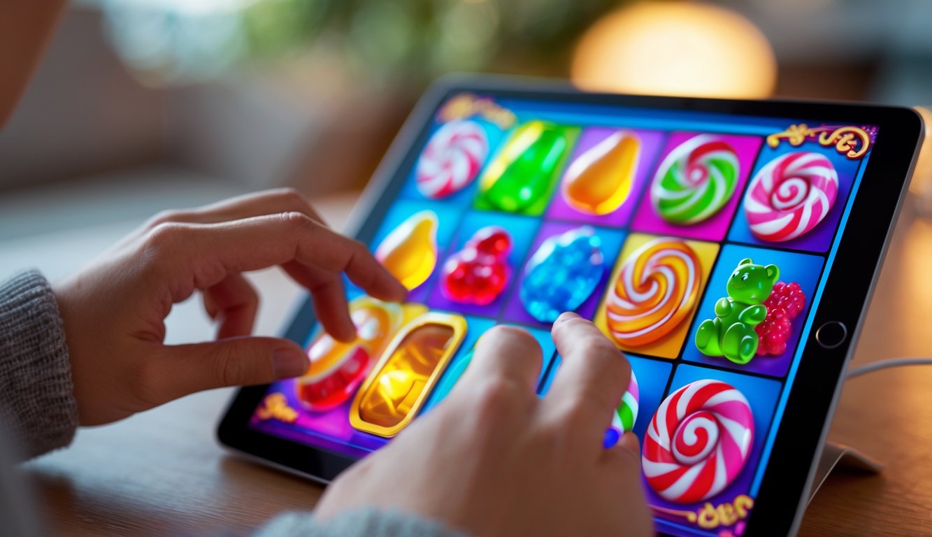 Tangan seseorang sedang bermain game slot bertema permen di layar tablet atau ponsel.