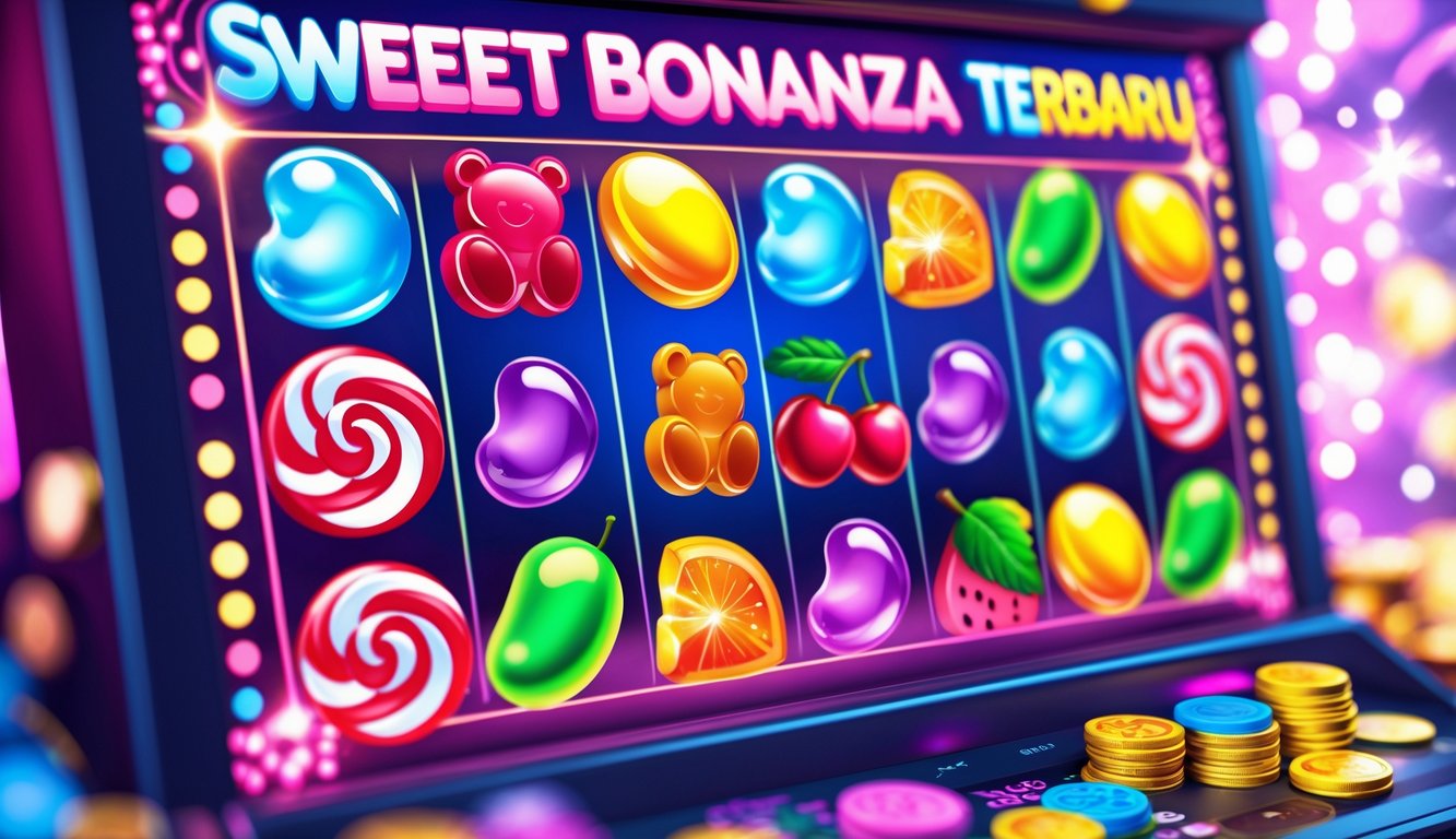 Tampilan mesin slot digital dengan simbol permen dan buah warna-warni yang cerah dan menarik.