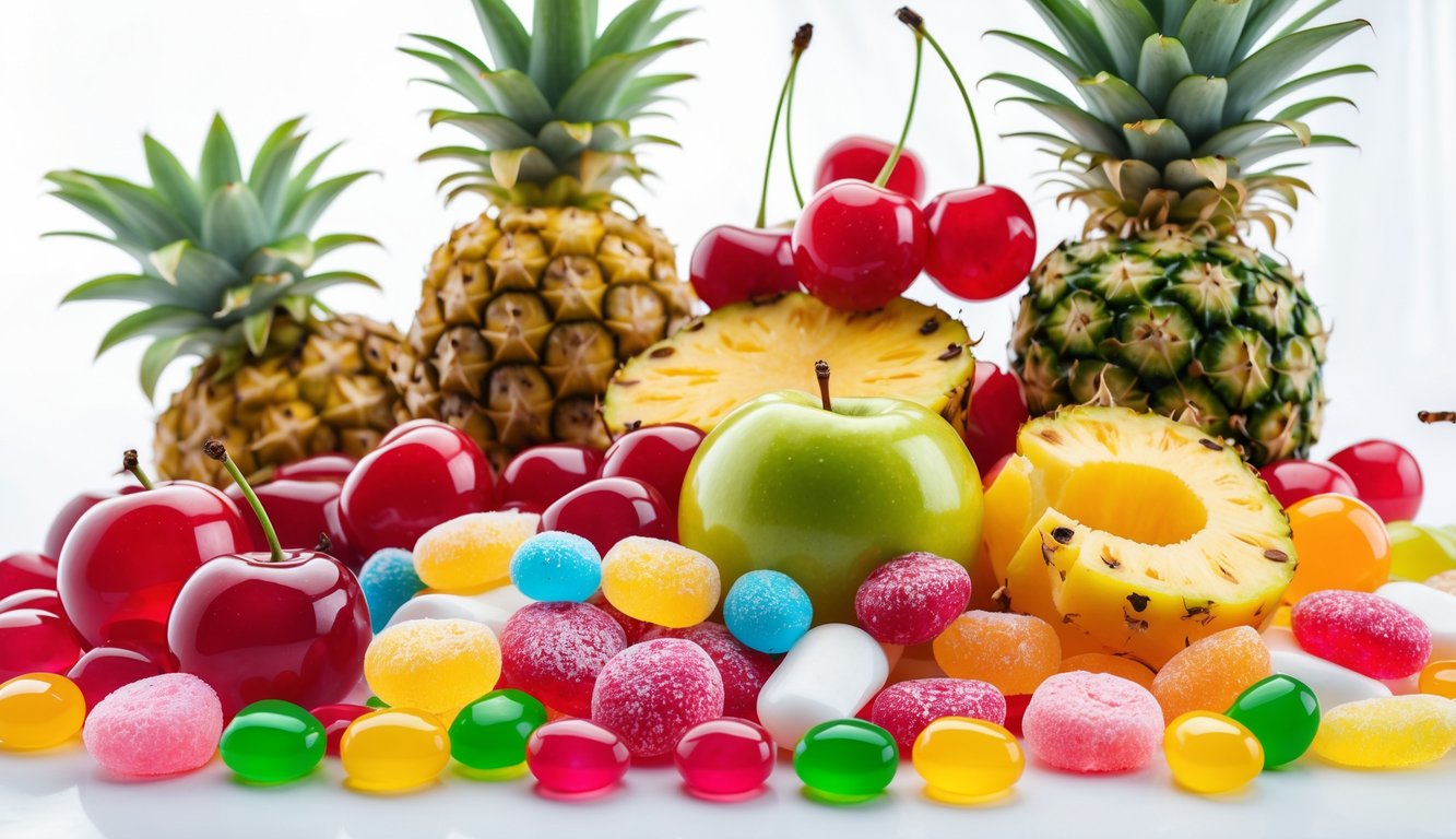 Berbagai permen dan buah segar yang berwarna-warni tersusun rapi di atas latar putih.