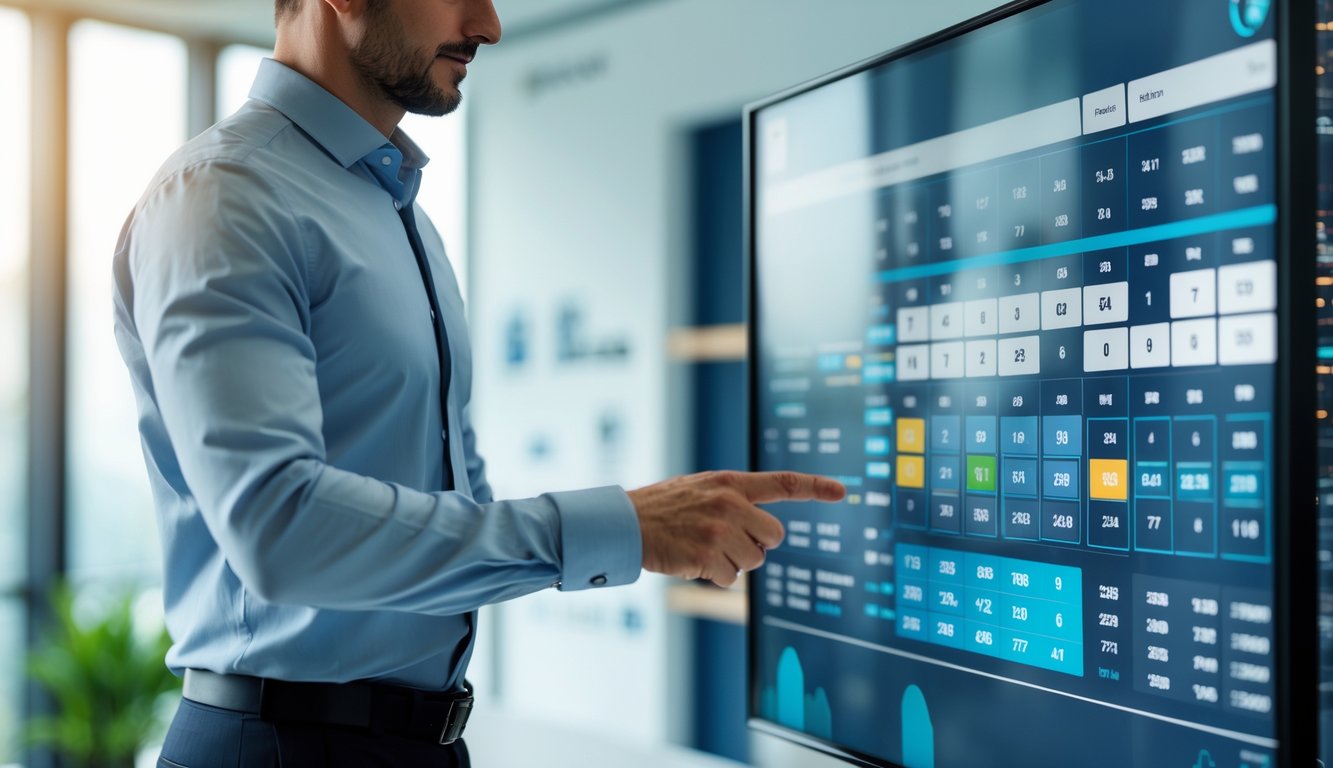 Seorang profesional bisnis menggunakan layar sentuh digital di kantor modern dengan suasana yang tenang dan fokus.