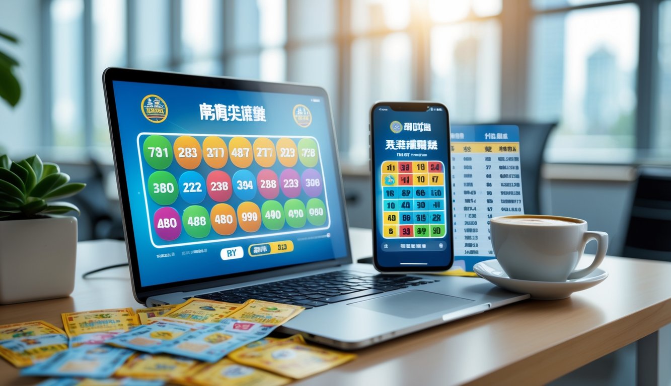 Meja kerja modern dengan laptop yang menampilkan angka lotere berwarna-warni, tiket lotere, kopi, dan ponsel yang menunjukkan hasil lotere secara real-time.
