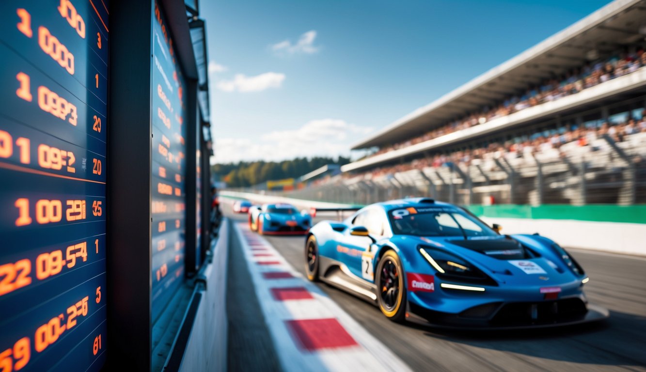 Papan skor balap modern dengan angka waktu tercepat dan mobil balap yang sedang melaju di lintasan.