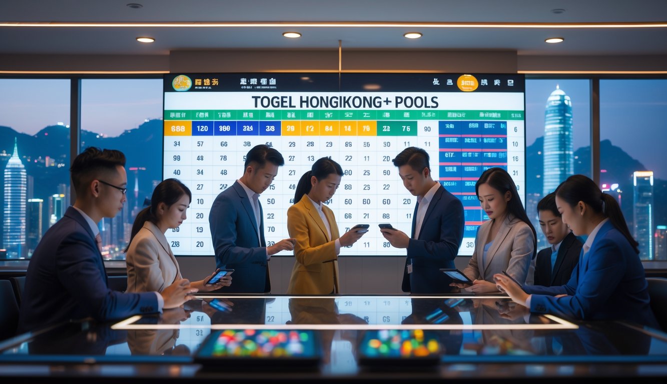 Beberapa orang sedang menggunakan perangkat digital di ruang modern dengan pemandangan kota Hong Kong di latar belakang.