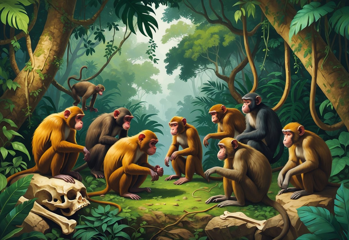 Sekelompok monyet dengan berbagai jenis sedang berinteraksi di hutan tropis yang lebat, menunjukkan perilaku sosial dan keunikan mereka.