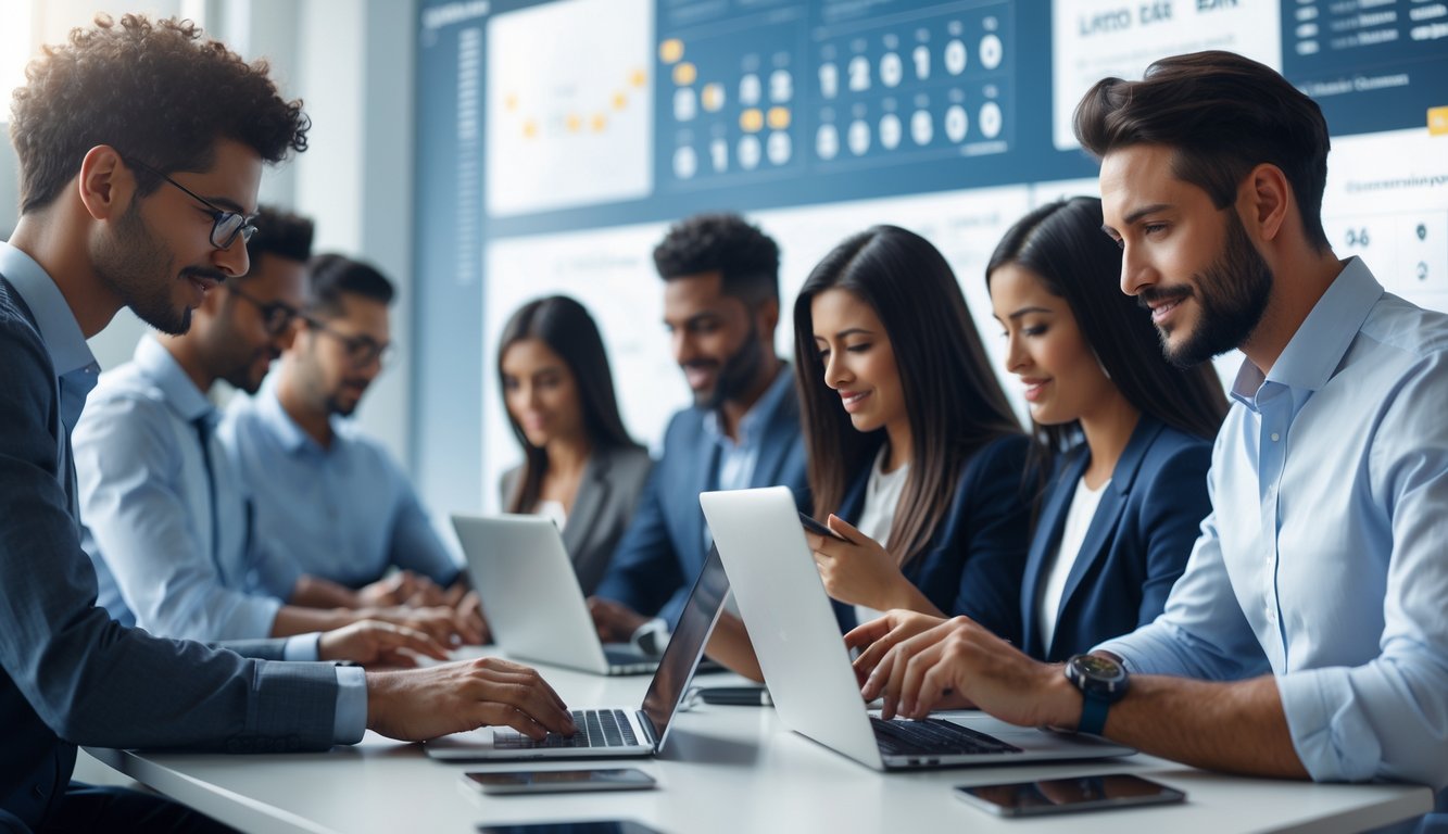 Orang-orang bekerja di kantor modern menggunakan laptop dan ponsel, fokus pada aktivitas permainan atau lotere online.