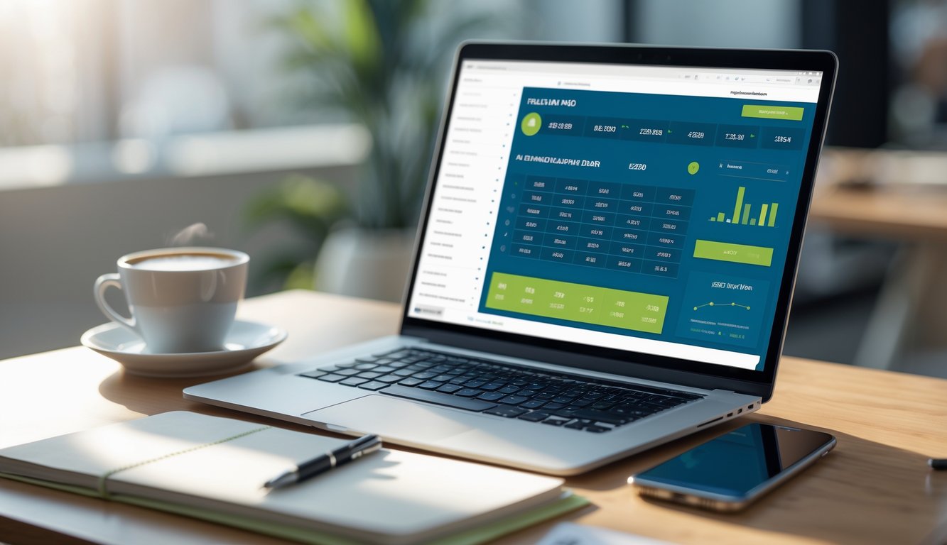 Meja kerja modern dengan laptop menampilkan data keuangan, kopi, buku catatan, dan ponsel.