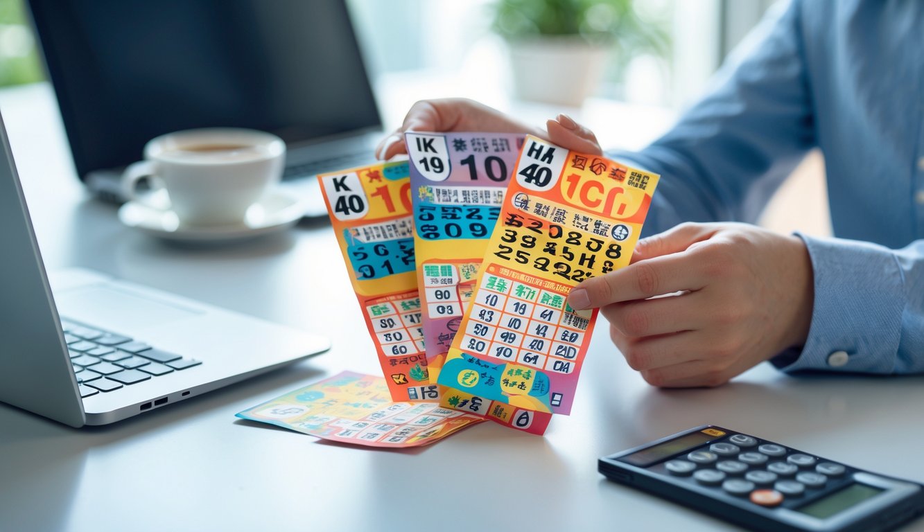 Tangan seseorang memegang beberapa tiket lotere berwarna-warni di atas meja dengan latar belakang laptop dan alat tulis.