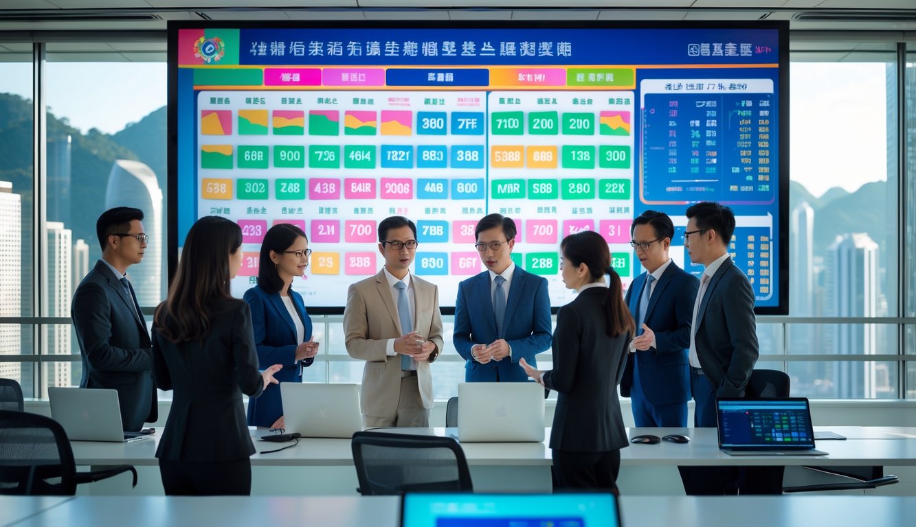 Sekelompok profesional sedang berdiskusi di kantor modern dengan layar digital menampilkan data togel dan pemandangan kota Hong Kong di latar belakang.