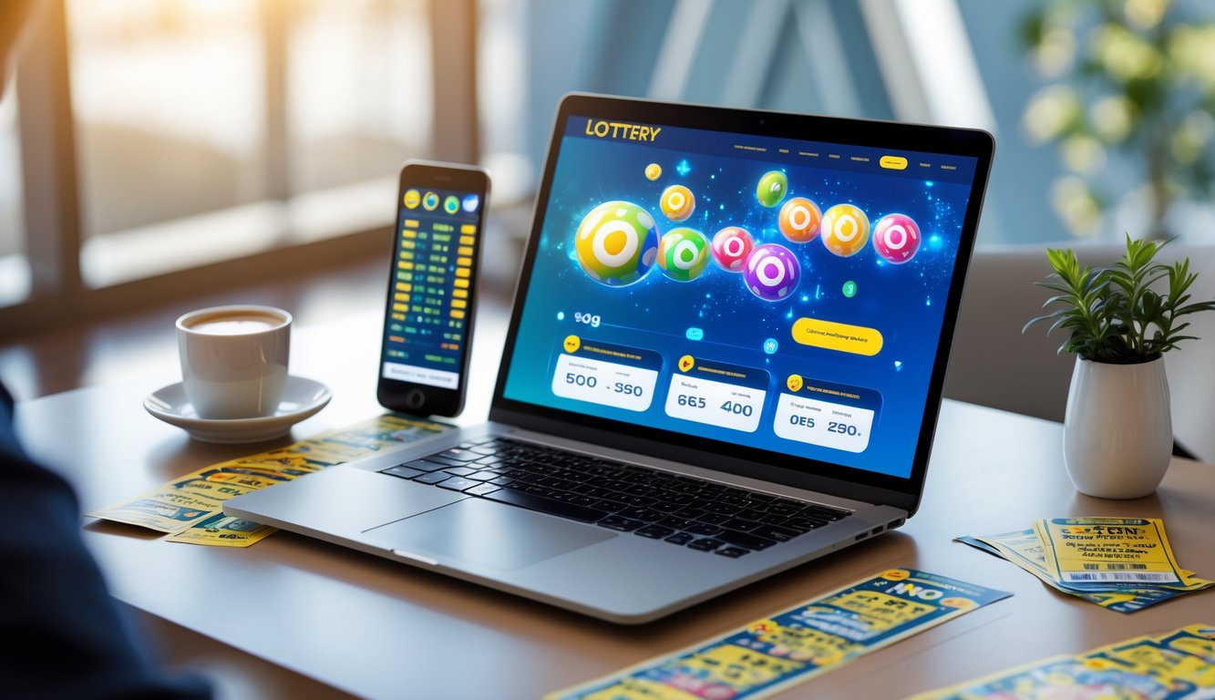 Sebuah ruang kerja modern dengan laptop menampilkan situs togel online dan ponsel di atas meja.