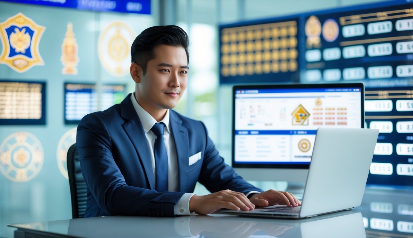 Seorang pria Thailand sedang bekerja di kantor modern dengan laptop dan layar menampilkan data lotere.
