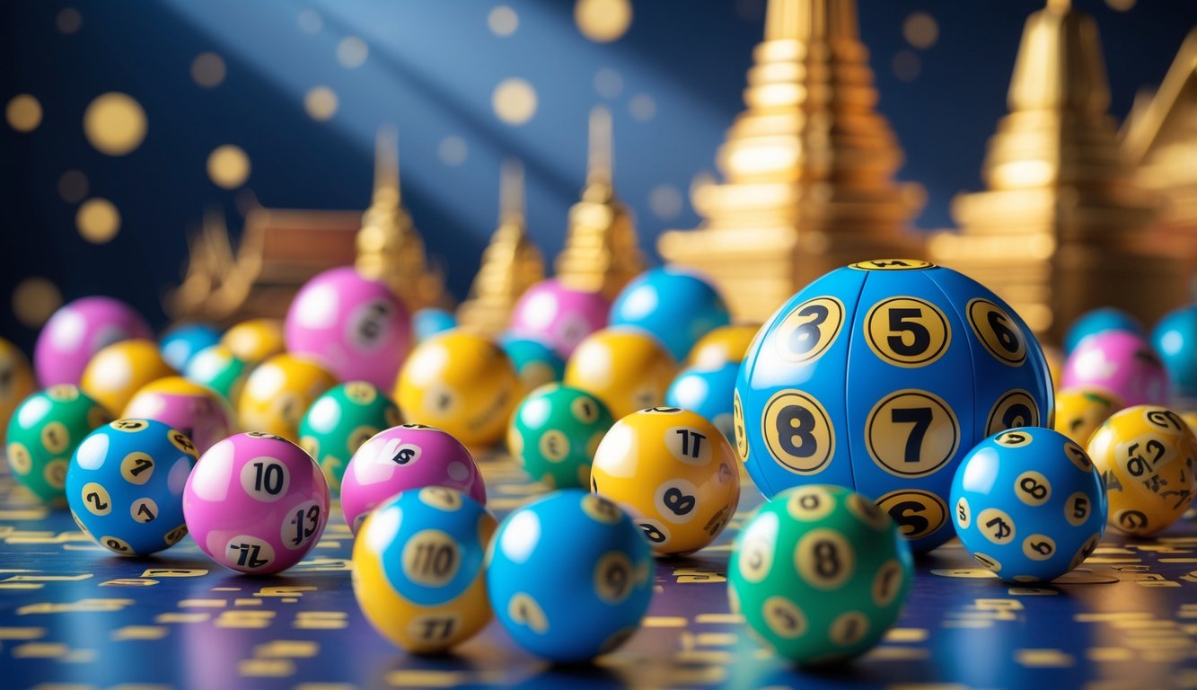 Beberapa bola lotere berwarna-warni dengan angka, dengan latar belakang yang samar menunjukkan arsitektur khas Thailand.