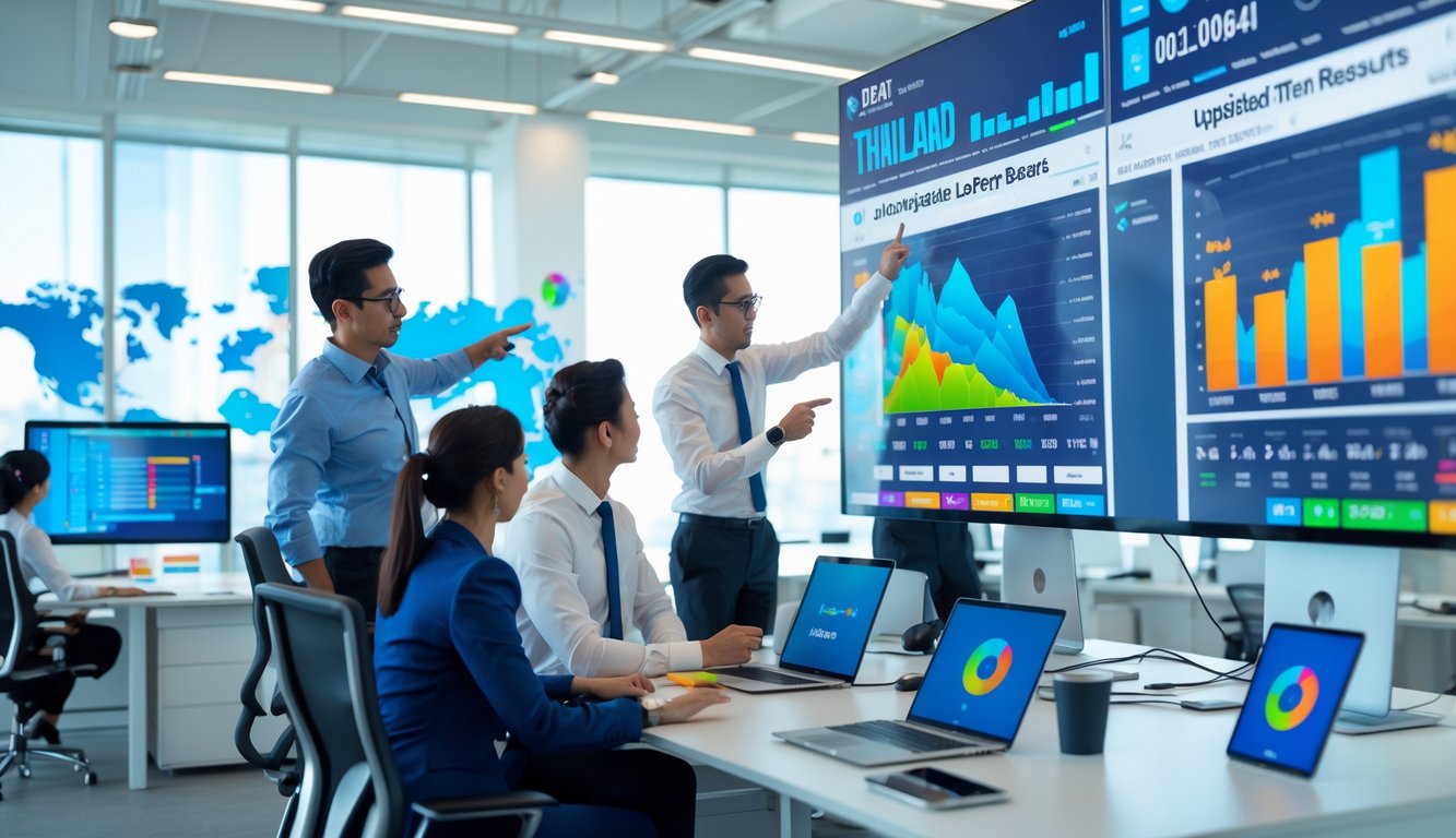 Sekelompok profesional sedang menganalisis data dan grafik di kantor modern dengan layar komputer besar.