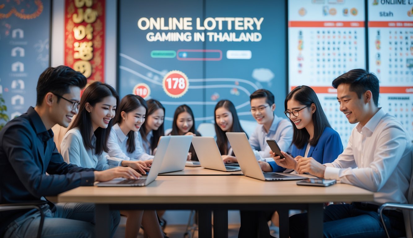 Sekelompok orang muda menggunakan laptop dan ponsel di kantor modern dengan dekorasi budaya Thailand, fokus pada aktivitas permainan lotere online.