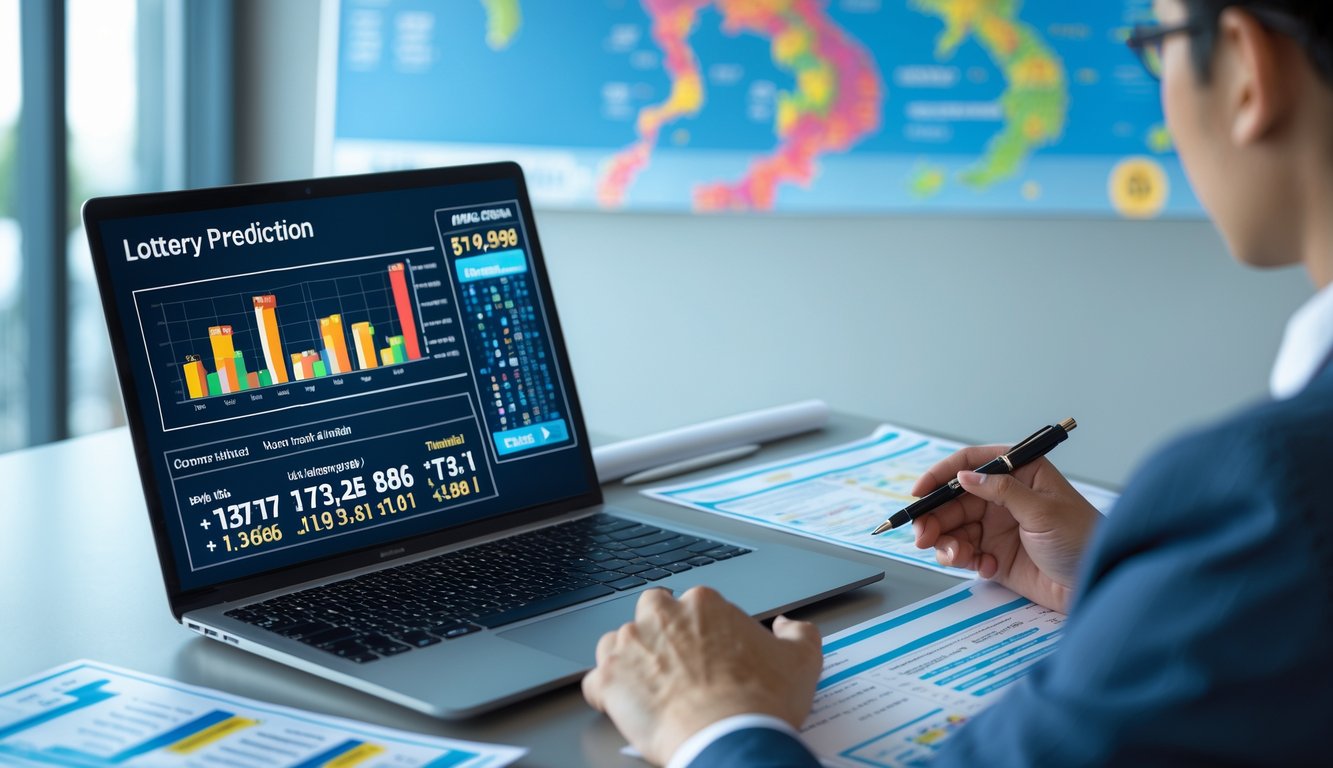 Meja kerja dengan laptop dan dokumen yang menampilkan data prediksi togel Thailand, seseorang menunjuk layar laptop dengan pena.