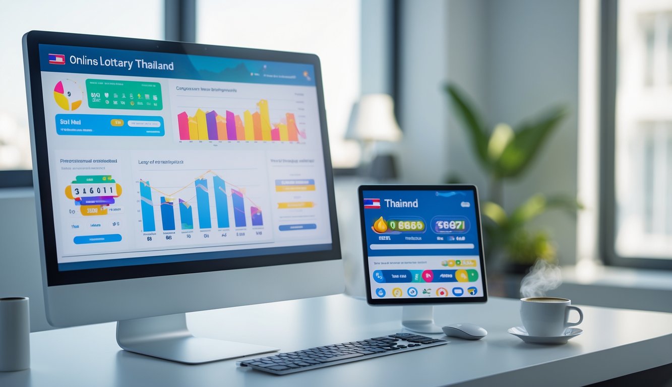 Meja kerja modern dengan komputer dan ponsel yang menampilkan grafik dan aplikasi terkait lotere Thailand.