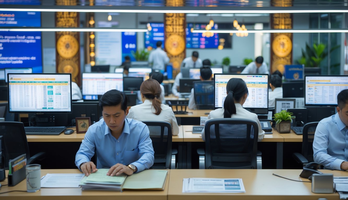 Orang-orang bekerja di kantor modern yang berkaitan dengan pasar togel resmi Thailand, dengan komputer dan dokumen di meja.