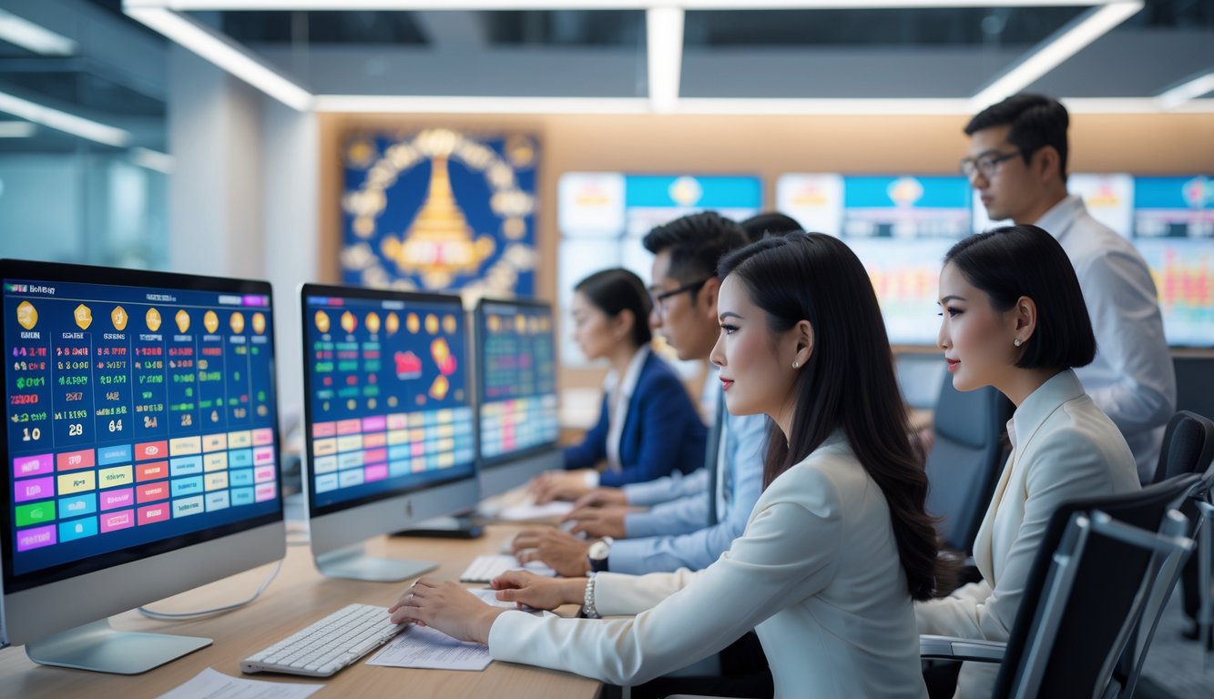 Orang-orang bekerja di kantor modern dengan komputer yang menampilkan data terkait togel Thailand.