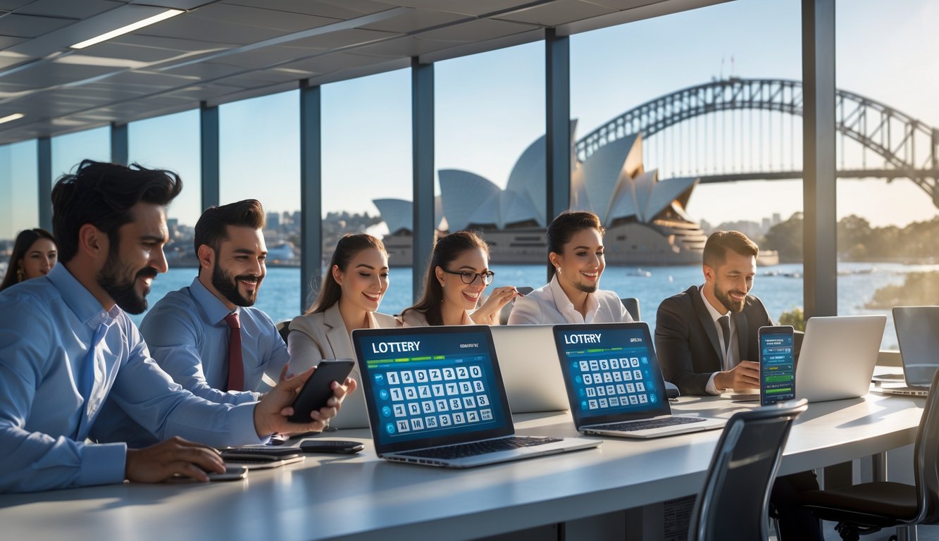 Orang-orang menggunakan laptop dan ponsel di kantor dengan pemandangan kota Sydney di latar belakang.
