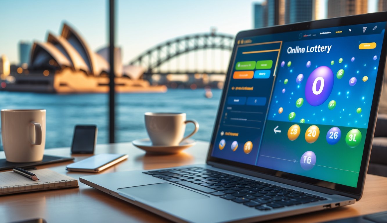 Seorang pria menggunakan laptop di meja kerja dengan latar belakang pemandangan kota Sydney, menunjukkan aktivitas bermain lotere online.